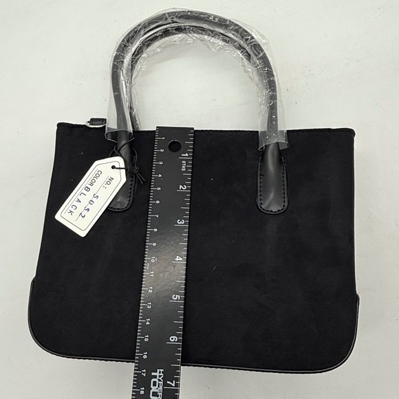 Black Faux Suede Tote Bag with Top Handles and Shoulder Strap - Picture 5 of 12